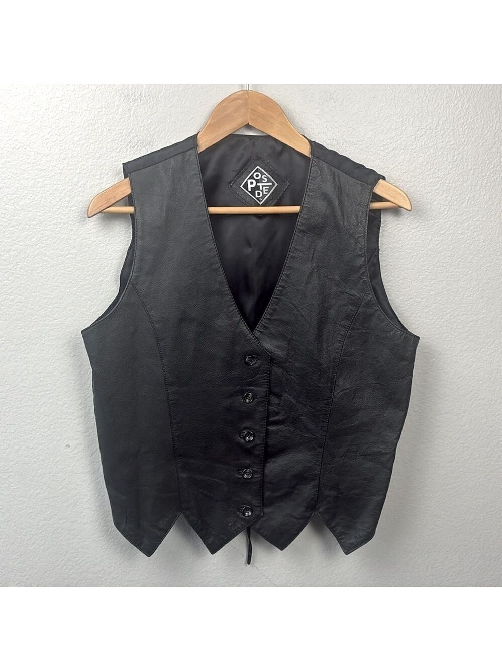 Posted Black Leather Vest Double Pointed Hem Button Up Western Rocker Vintage L